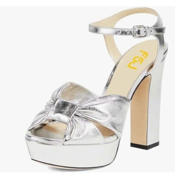 FSJ Silver Platform Chunky Block High Heel Sandals Peep Toe Ankle Strap Shoes - Picture 1 of 8